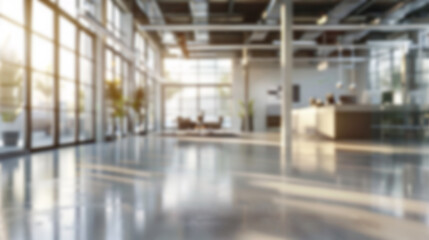 Bright, modern office interior with blurred people. Blurred background image of a modern, open plan office space, filled with natural light from large windows.