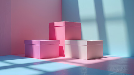 Three boxes are arranged in a row, with one box being pink