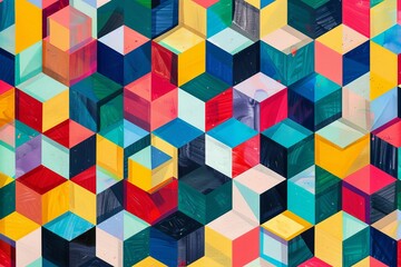 Vibrant abstract geometric pattern featuring colorful cubes and shapes, creating a visually dynamic and modern design for creative projects.