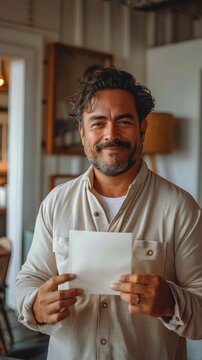38 year old diverse man in living room, professional, holding up a small blank paper, book for the camera 