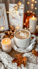 cup of white hot cocoa on the table. There are candles and autumn leaves next to the cup. 
