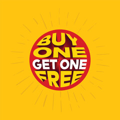 Buy one and get one free sticker design with 3d text effect on a red circle. Business or product promotional banner, poster, template design on yellow background. Special offer Price discount tag