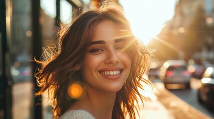  Smiling brunette woman walking down the street low angle sunny light 