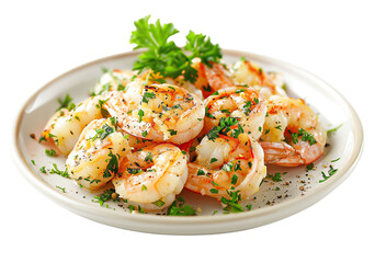 Delicious garlic shrimp served on a white plate garnished with herbs. Perfect seafood dish for a healthy and flavorful meal. Isolated on transparent or white background, PNG file