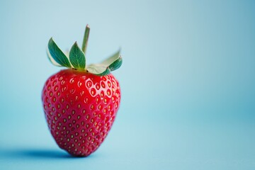 Close-up of a ripe, juicy strawberry with vibrant green leaves set against a pastel blue backdrop, emphasizing the texture and color contrast for a refreshing, minimalist design aesthetic