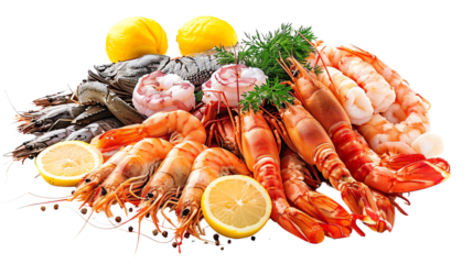 Fresh variety of seafood including prawns, fish, and lemon slices, beautifully arranged on a white background. Isolated on transparent or white background, PNG file