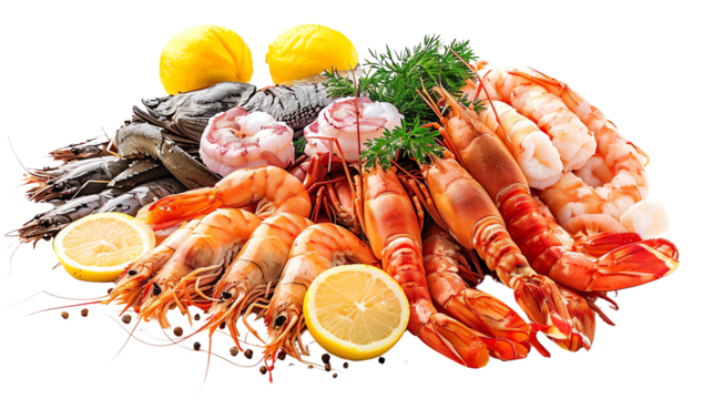 Fresh variety of seafood including prawns, fish, and lemon slices, beautifully arranged on a white background. Isolated on transparent or white background, PNG file