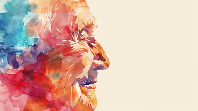 Vibrant watercolor painting of a smiling elderly person in profile, highlighting the beauty of aging and the vibrancy of life.