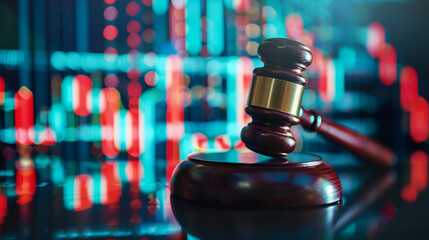 Judge gavel with Forex trading charts and graph on blur background, Forex law and legal support concept