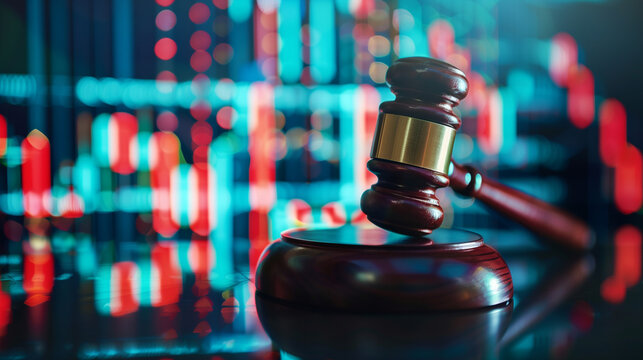 Judge gavel with Forex trading charts and graph on blur background, Forex law and legal support concept
