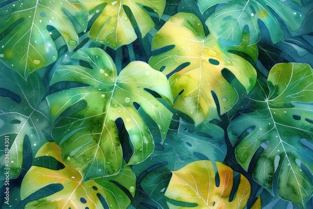 Wall mural Watercolor Monstera Leaves Background