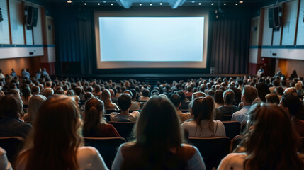Back view of audience in cinema or conference hall looking at blank movie screen 