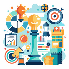 Icons Representing Business Strategy and Planning: Chess Pieces, Light Bulbs, and Roadmaps, vector graphics