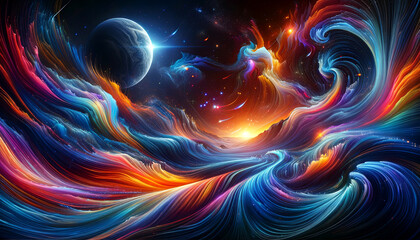 Mesmerizing cosmic waves of vibrant colors blend seamlessly under a celestial sky