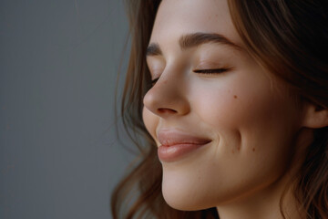 Fototapeta premium A close up of a woman's face with her eyes closed looking to a side