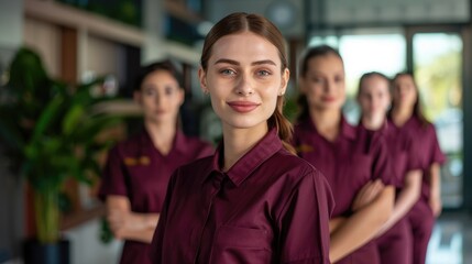 Obraz premium beautiful diverse staff members in burgundy uniform standing in front of workplace