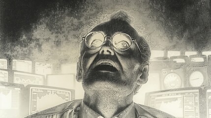 Monochrome image of a man with glasses looking up with a dramatic expression surrounded by monitors, evokes sense of awe and intensity.