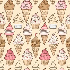 A detailed seamless pattern featuring different styles of cupcakes and ice cream cones, elegantly arranged for a sophisticated repetitive design