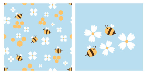 Seamless pattern with bee cartoons on white background. Bee and heart dot line on white background.