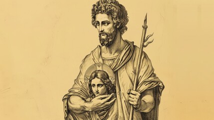 Saint Jude Thaddeus Holding Image of Jesus and Staff, Symbolizing Apostle and Patron of Desperate Cases, Biblical Illustration, Beige Background, Copyspace