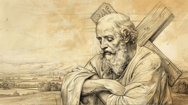 Saint Andrew the Apostle Being Crucified on X-Shaped Cross, Devotion and Courage, Biblical Illustration, Beige Background, Copyspace