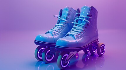 A pair of blue roller skates with purple wheels. The skates are sitting on a reflective surface with a purple background.