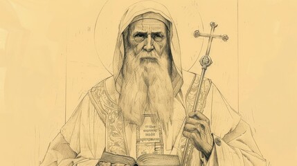 Saint Tikhon of Moscow in Russian Orthodox Church, Holding Cross and Prayer Book, Biblical Illustration, Beige Background, Copyspace