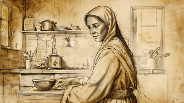 Saint Zita of Lucca in Kitchen, Performing Duties with Devotion, Biblical Illustration, Beige Background, Copyspace