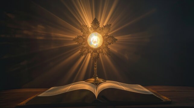 monstrance and open Holy Bible with sun rays of light from above, on black background for overlay