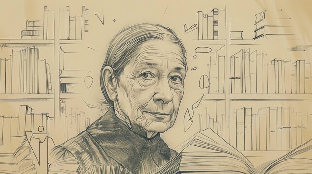 Saint Teresa Benedicta of the Cross in Library, Studying Philosophy and Theology, Biblical Illustration, Beige Background, Copyspace