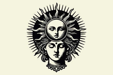 Woman with the face of the sun. Sun goddess. Isoteric vector illustration. vintage black engraving, emblem, logo