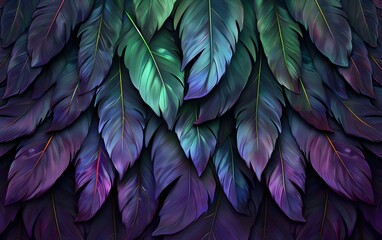 background of feathers, dark purple feathers, with green and emerald, bird feathers and fluff