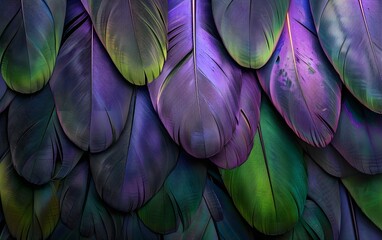 background of feathers, dark purple feathers, with green and emerald, bird feathers and fluff