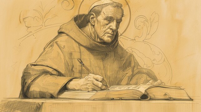 Saint Anselm of Canterbury in Monastic Setting, Writing Theological Works, Biblical Illustration, Beige Background, Copyspace