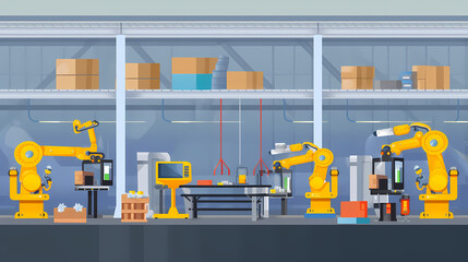 Fototapeta premium Robotized car factory cartoon concept vector image