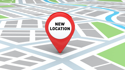 New Business Store Location with red pin icon and city map overview, 3D Illustration