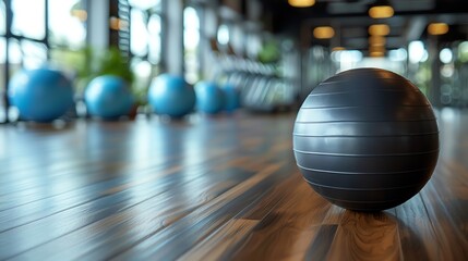 Black exercise ball in a gym setting.