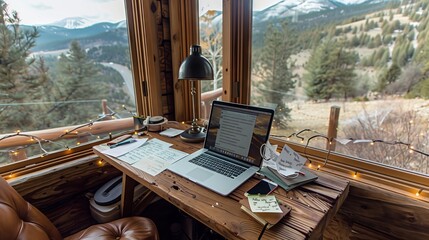 A cozy writing corner has a rustic desk with a laptop, handwritten notes, and a window view of mountains.