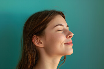 Fototapeta premium A close up of a woman's face with her eyes closed looking to a side