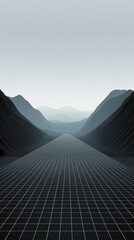 minimalist black and white  illustration of an endless grid road leading to the horizon, with dark mountains in the background. flat design with a minimalistic and symmetrical composition. 
