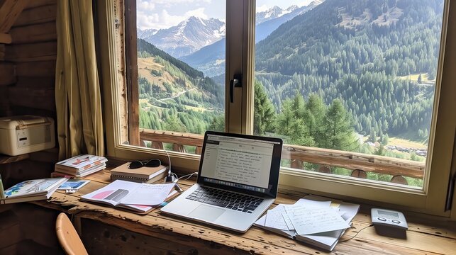 A rustic writing corner with a laptop, scattered notes, and a mountain view inspires creativity. - Powered by Adobe