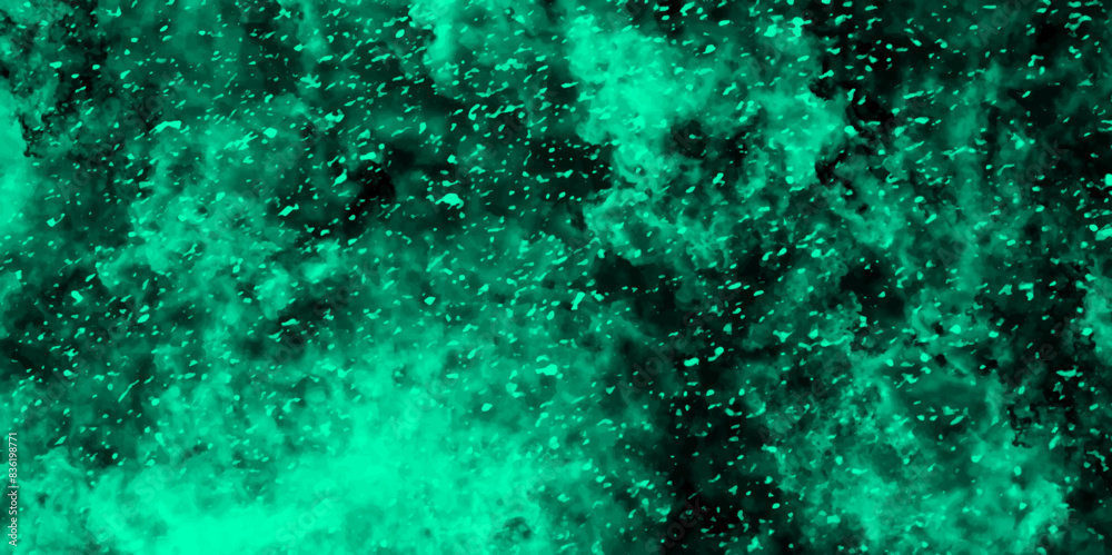 Poster Abstract light mint color dynamic particles with soft blue clouds on dark background. Night sky with blue storm cloud. Blue painted powder explosion with Bright Blue space nebula.