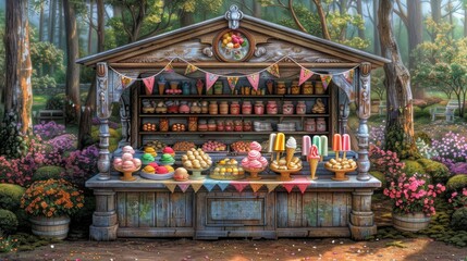 Enchanting Outdoor Market Stall Displaying Colorful Candy and Baked Goods in a Beautiful Forest Setting with Detailed Decor