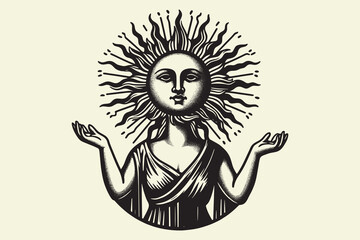 Woman with the face of the sun. Sun goddess. Isoteric vector illustration. vintage black engraving, emblem, logo