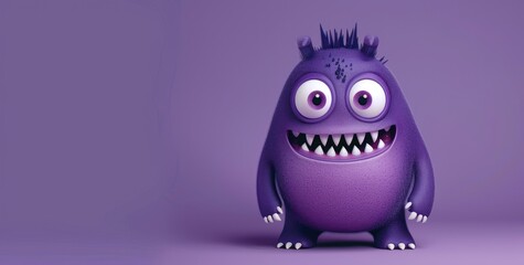 A cute purple monster with big teeth, happy mood, cute and friendly face, big eyes, mouth open showing sharp white teeth, full body, standing on the floor, purple gradient background