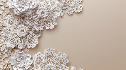 Intricate White Lace Floral Patterns on Light Beige Background for Wedding Invitations, Crafting, and Textile Designs