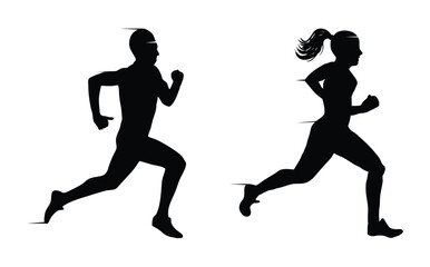 Side view of a male and female track runner who are racing.