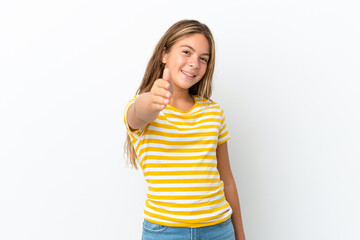 Little caucasian girl isolated on white background shaking hands for closing a good deal