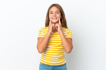 Fototapeta premium Little caucasian girl isolated on white background smiling with a happy and pleasant expression