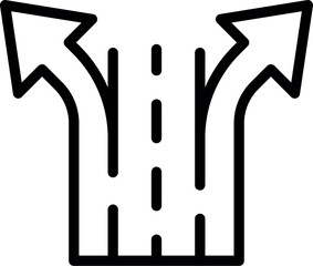 Split road sign icon with two paths diverging vector illustration in simple black and white line art design. Representing the concept of decision making and alternative routes at a crossroads junction
